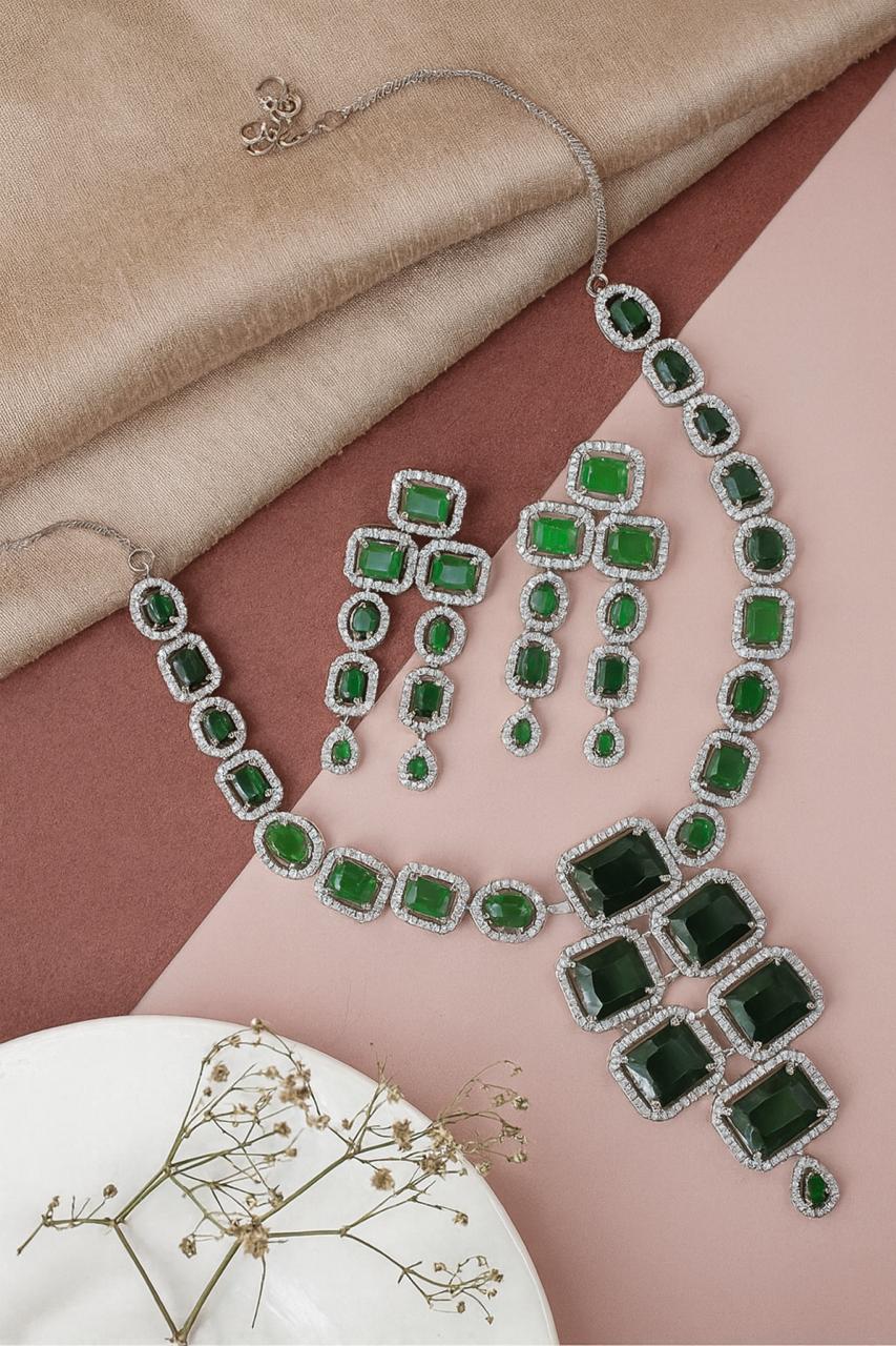 Elegant Green Stone Necklace Set with Matching Earrings | Premium Party Wear Jewellery