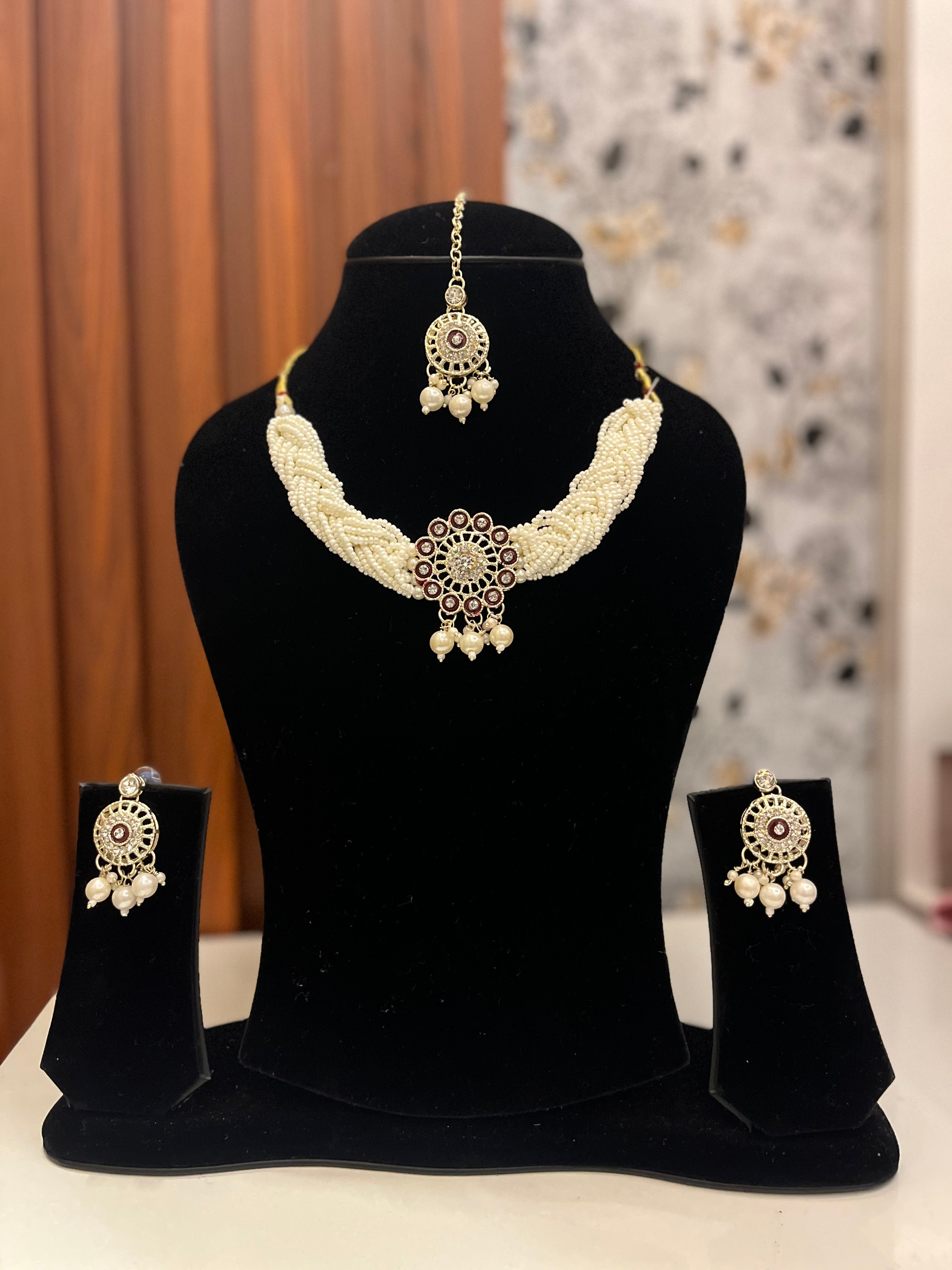 Classic Pearl Necklace Set with Champagne Stone – Bridal & Festive Jewellery