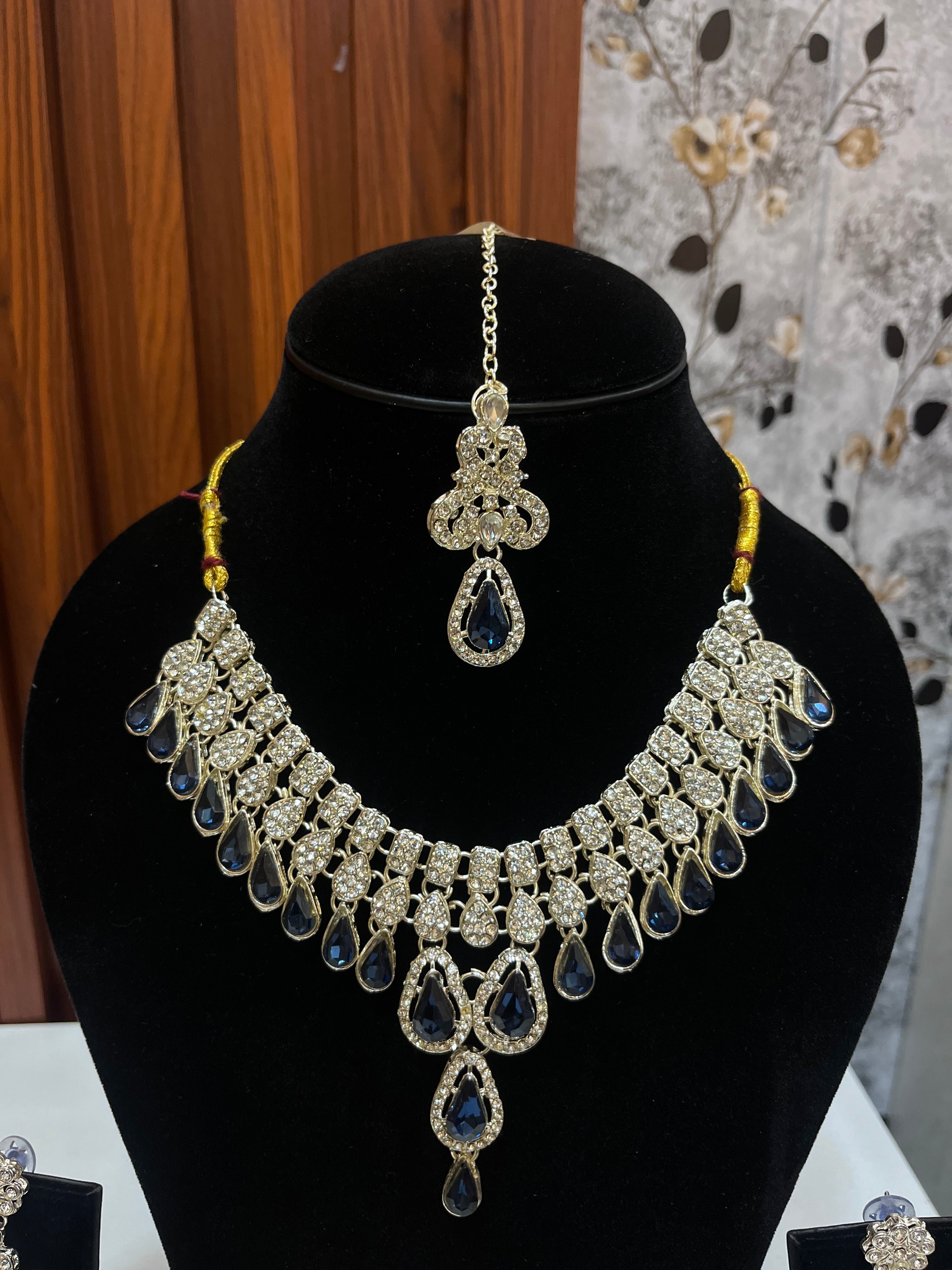Royal Blue Stone Necklace Set with Earrings & Maang Tikka