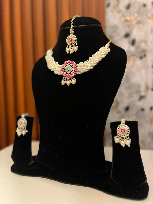 Elegant Pearl Necklace Set with Pink Stone – Bridal & Festive Jewellery