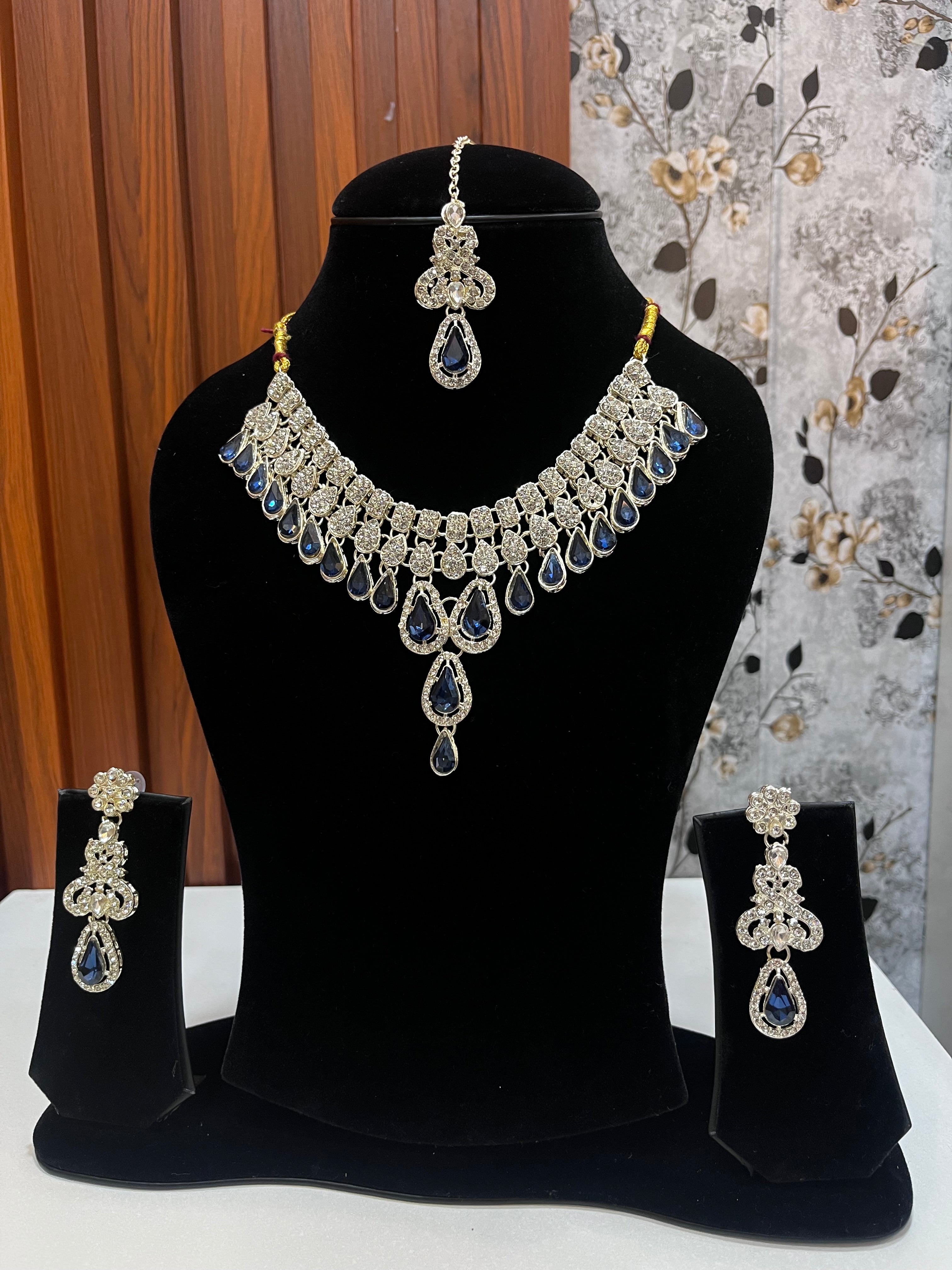 Royal Blue Stone Necklace Set with Earrings & Maang Tikka