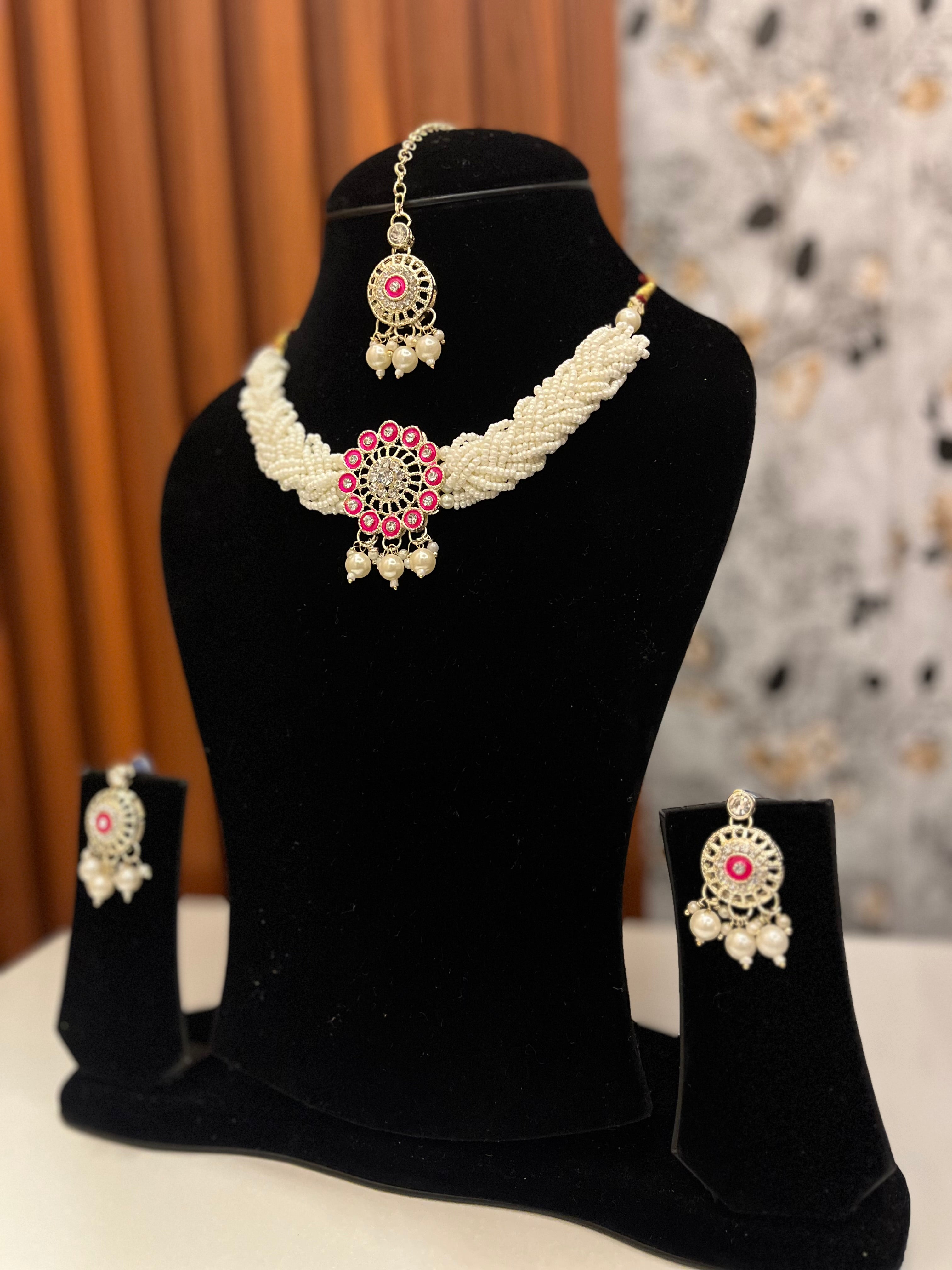 Elegant Pearl Necklace Set with Pink Stone – Bridal & Festive Jewellery