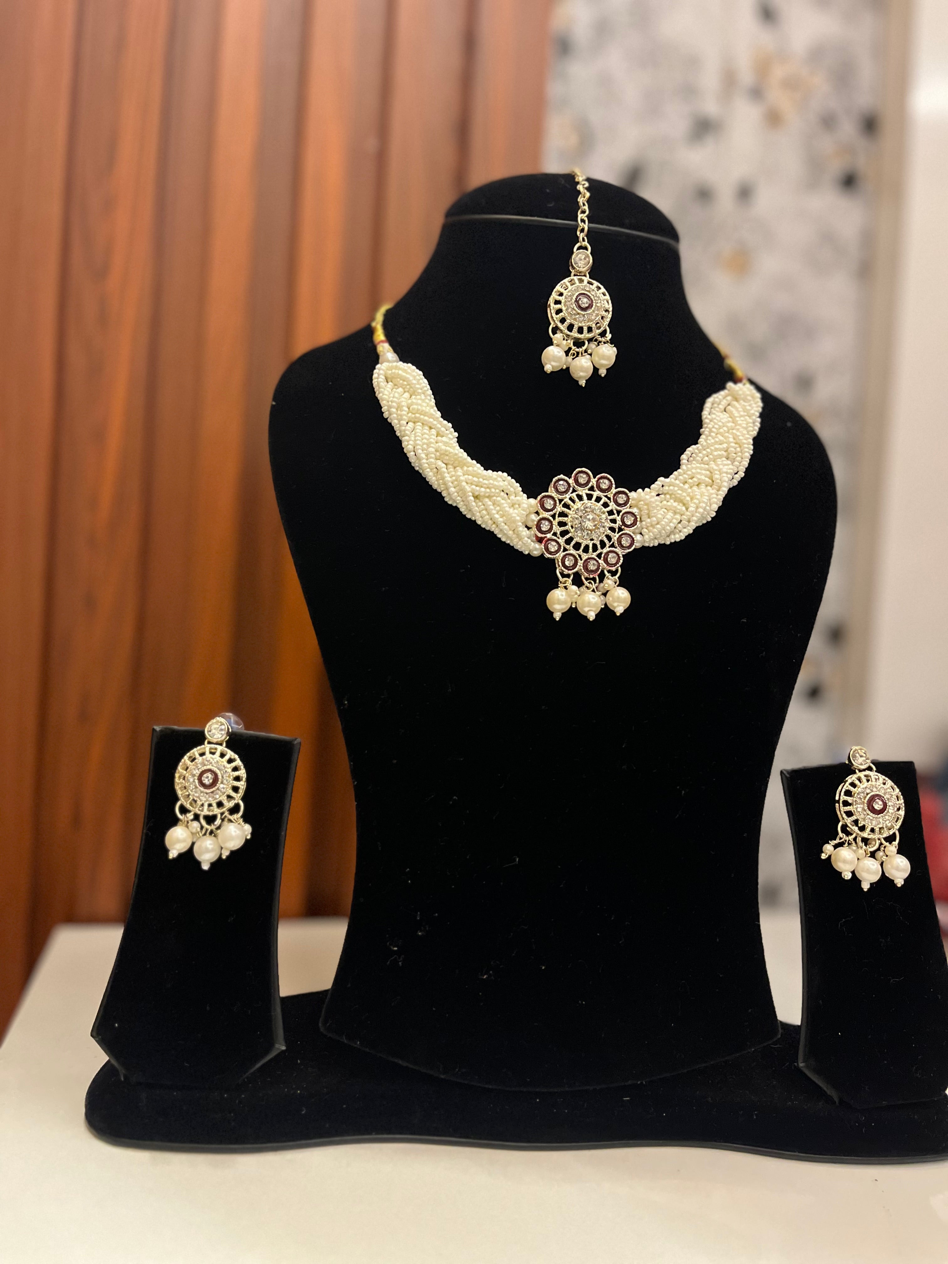 Classic Pearl Necklace Set with Champagne Stone – Bridal & Festive Jewellery