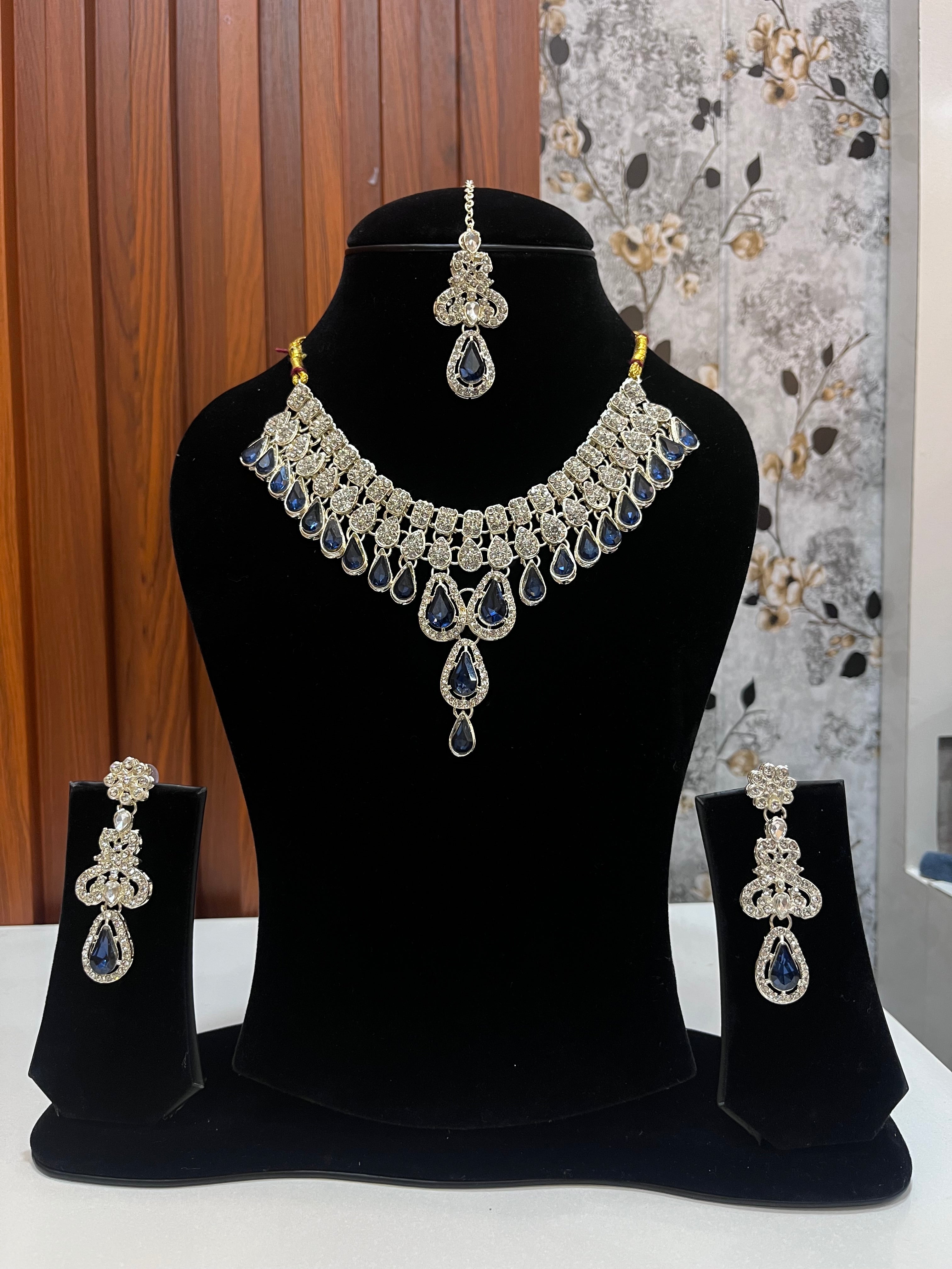 Royal Blue Stone Necklace Set with Earrings & Maang Tikka