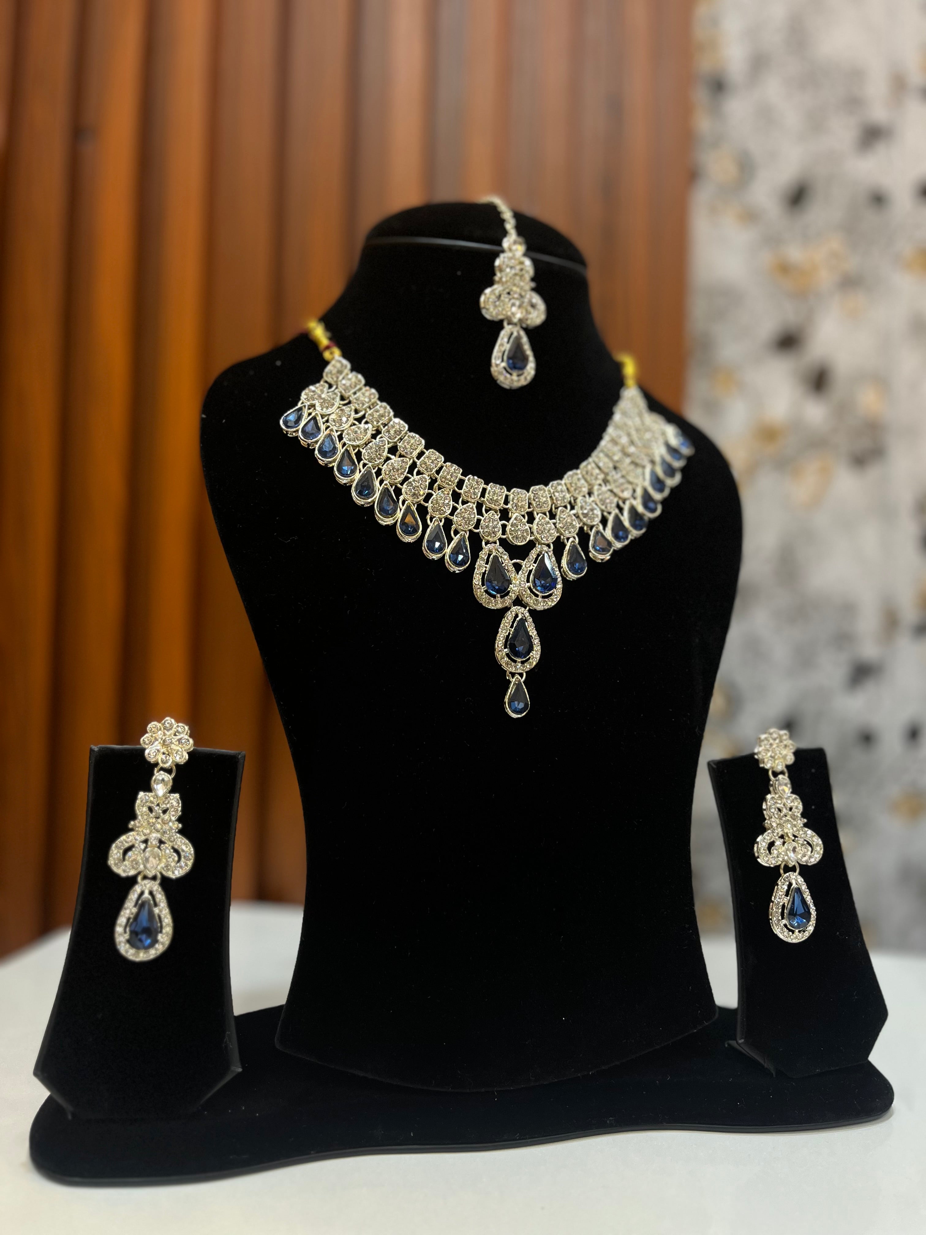 Royal Blue Stone Necklace Set with Earrings & Maang Tikka