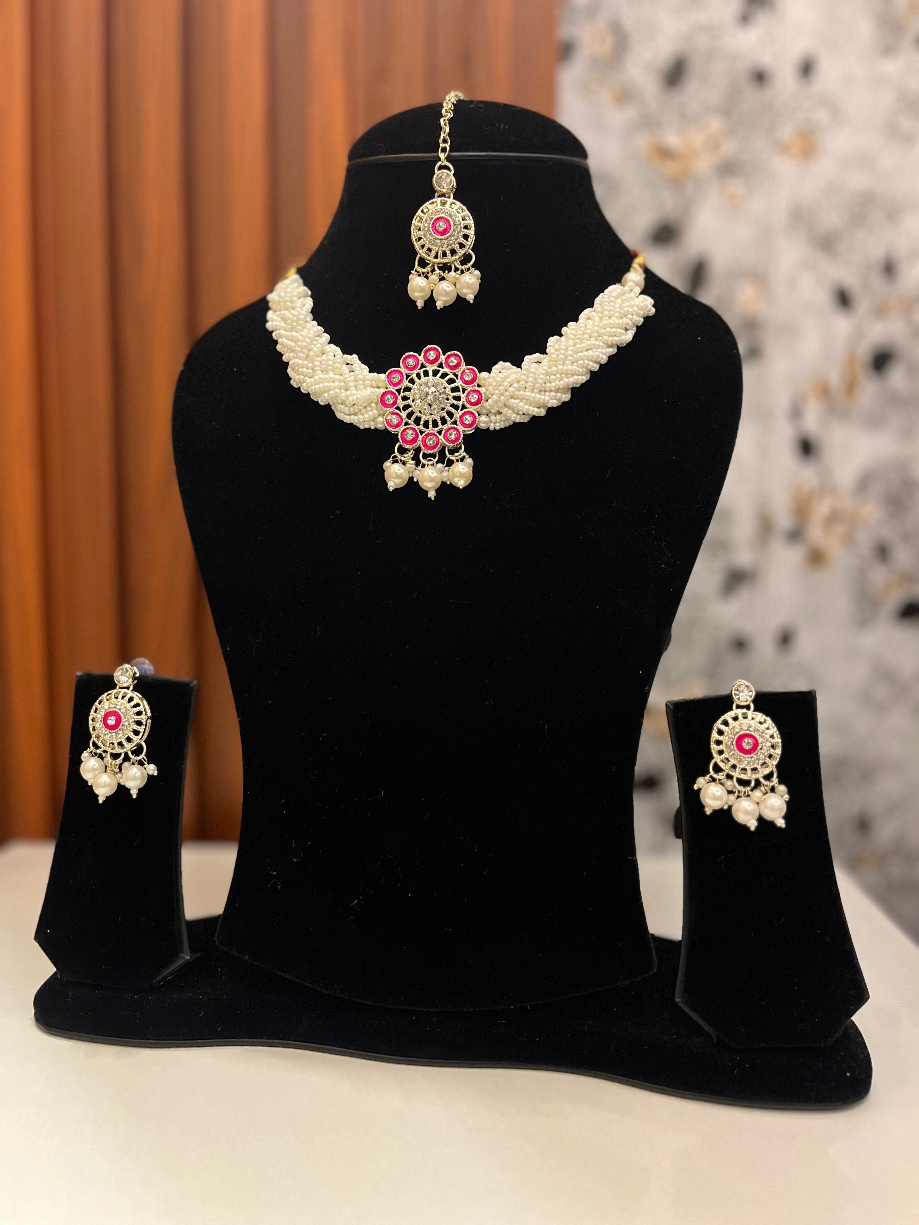 Elegant Pearl Necklace Set with Pink Stone – Bridal & Festive Jewellery