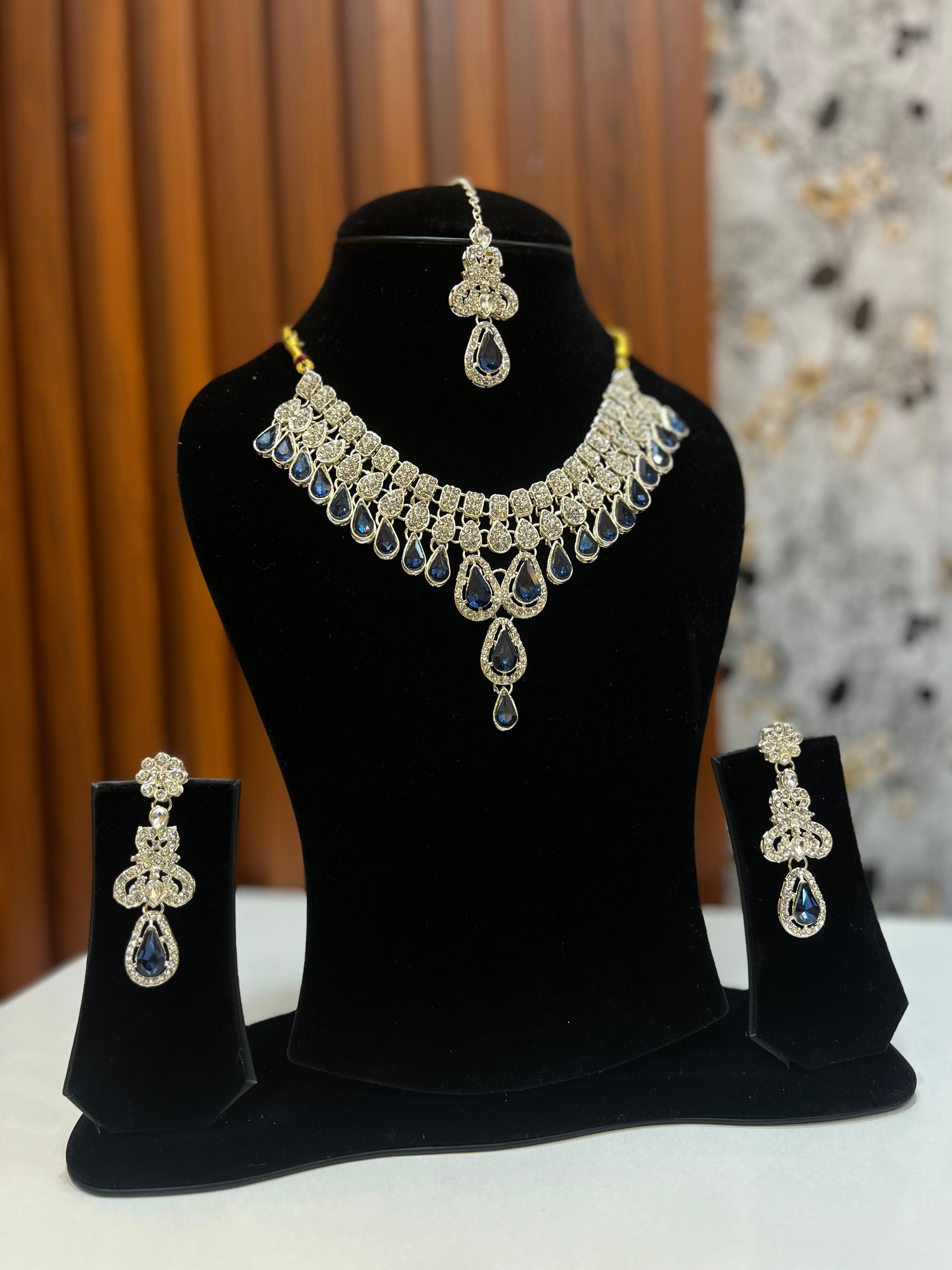 Royal Blue Stone Necklace Set with Earrings & Maang Tikka