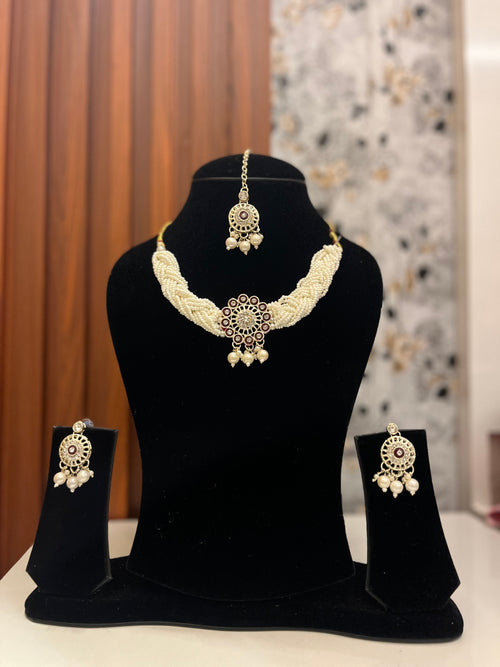Classic Pearl Necklace Set with Champagne Stone – Bridal & Festive Jewellery