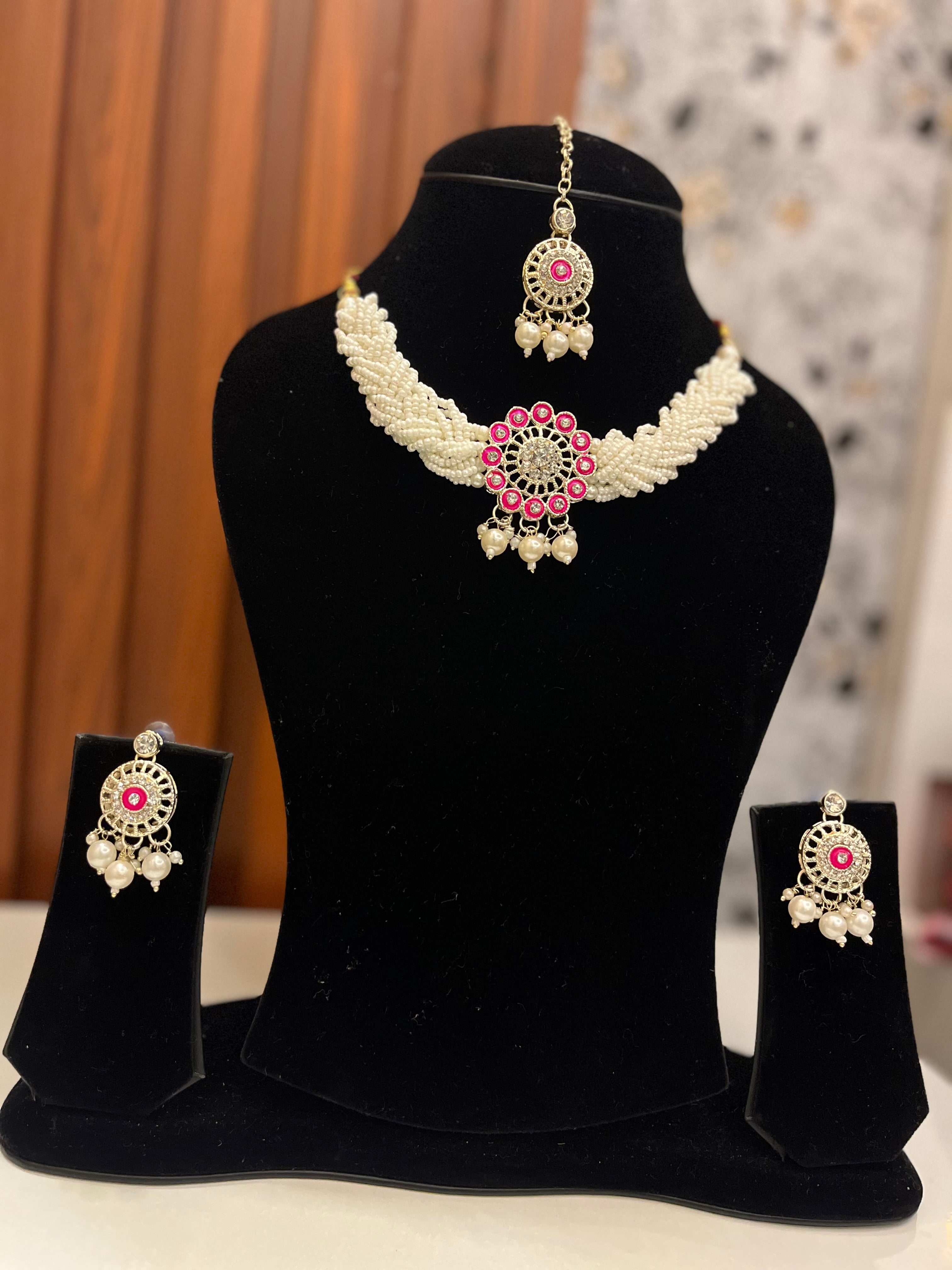 Elegant Pearl Necklace Set with Pink Stone – Bridal & Festive Jewellery