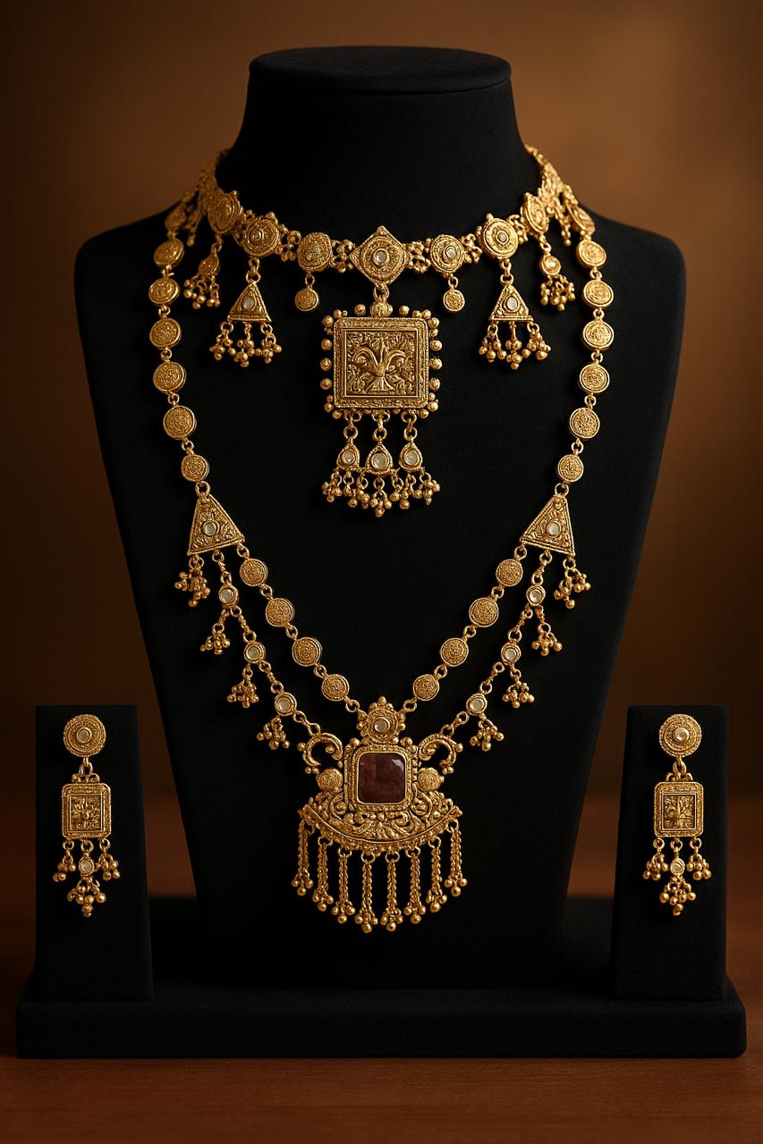 Gold necklace and earrings set on a black stand with a brown background